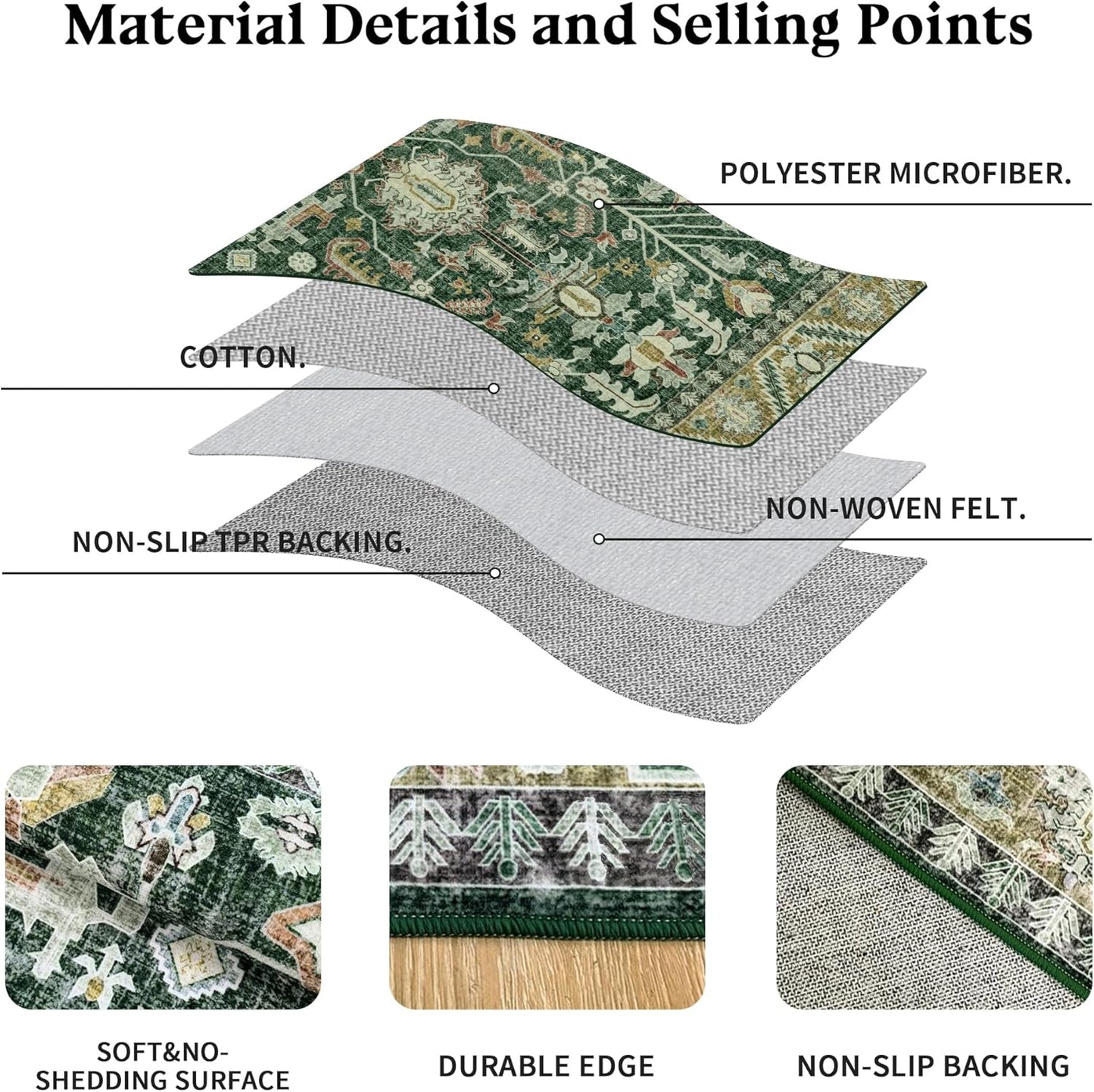 6x9 Area Rugs Washable: Oriental Soft Area Rug for Living Room Bedroom No Shedding - Low Pile Thin Carpet Rug for Dining Room Non Slip - Boho Vintage Rug for Home Decor - Retro Forest Green