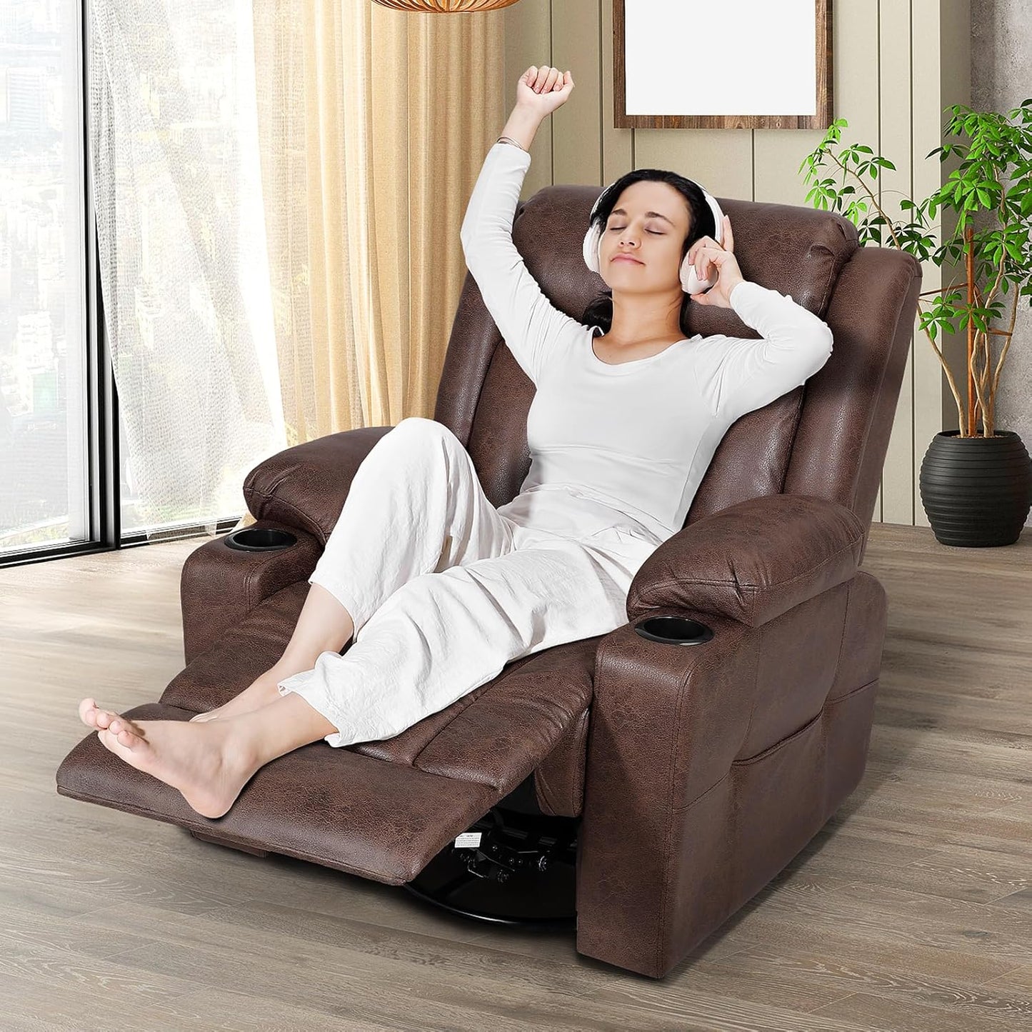Retro Rocking Recliner Chair, Massage Rocker Recliner Chair with Vibration Massage and Heat, USB and Type-C Ports,360° Swivel Chairs,Living Room, Bedroom, Nursery, RV, Brown