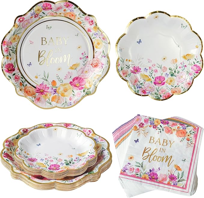 Kate Aspen Baby in Bloom 62 Piece Party Tableware Set Baby Shower Party Decorations Plates & Napkins, Vibrant Floral Botanical (16 Guests)- Perfect for Greenery Baby Shower