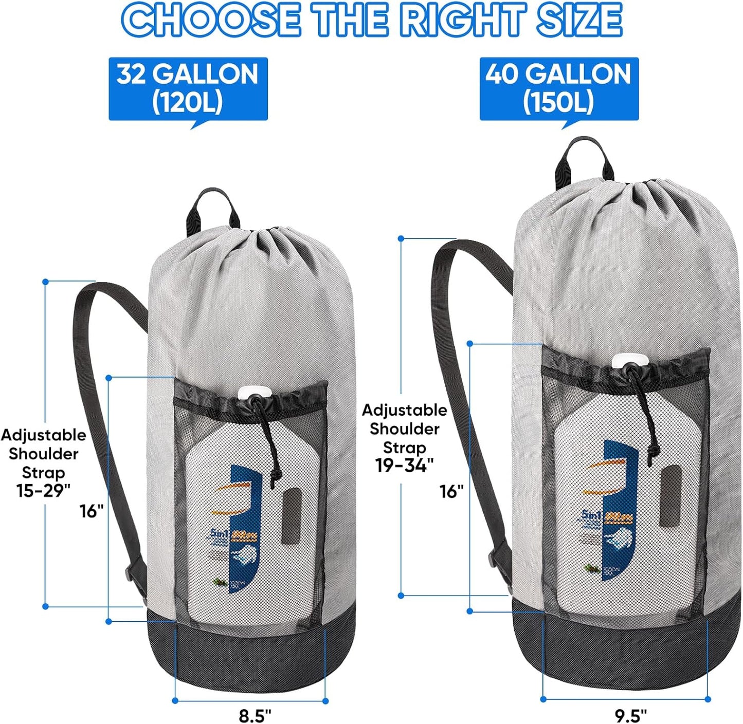 BALEINE 120L Laundry Bag Backpack, 900D Oxford Fabric Large Travel Laundry Bags with Shoulder Straps and 2 Mesh Pockets for College Dorm, Apartment, Laundromat (Gray, 120L)