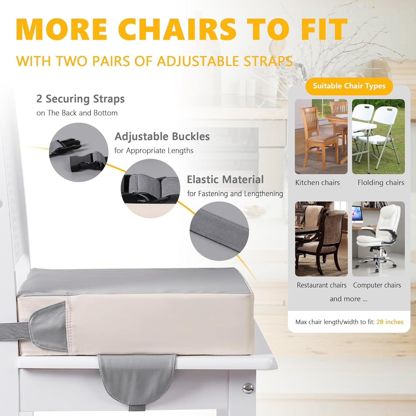 Booster Seat for Kitchen Chair with Adjustable Straps, Toddler Booster Seats for Dining Table Portable for Travel Camping Eating, Booster Cushion for Table for Baby Child Infant Kid Boy Girl