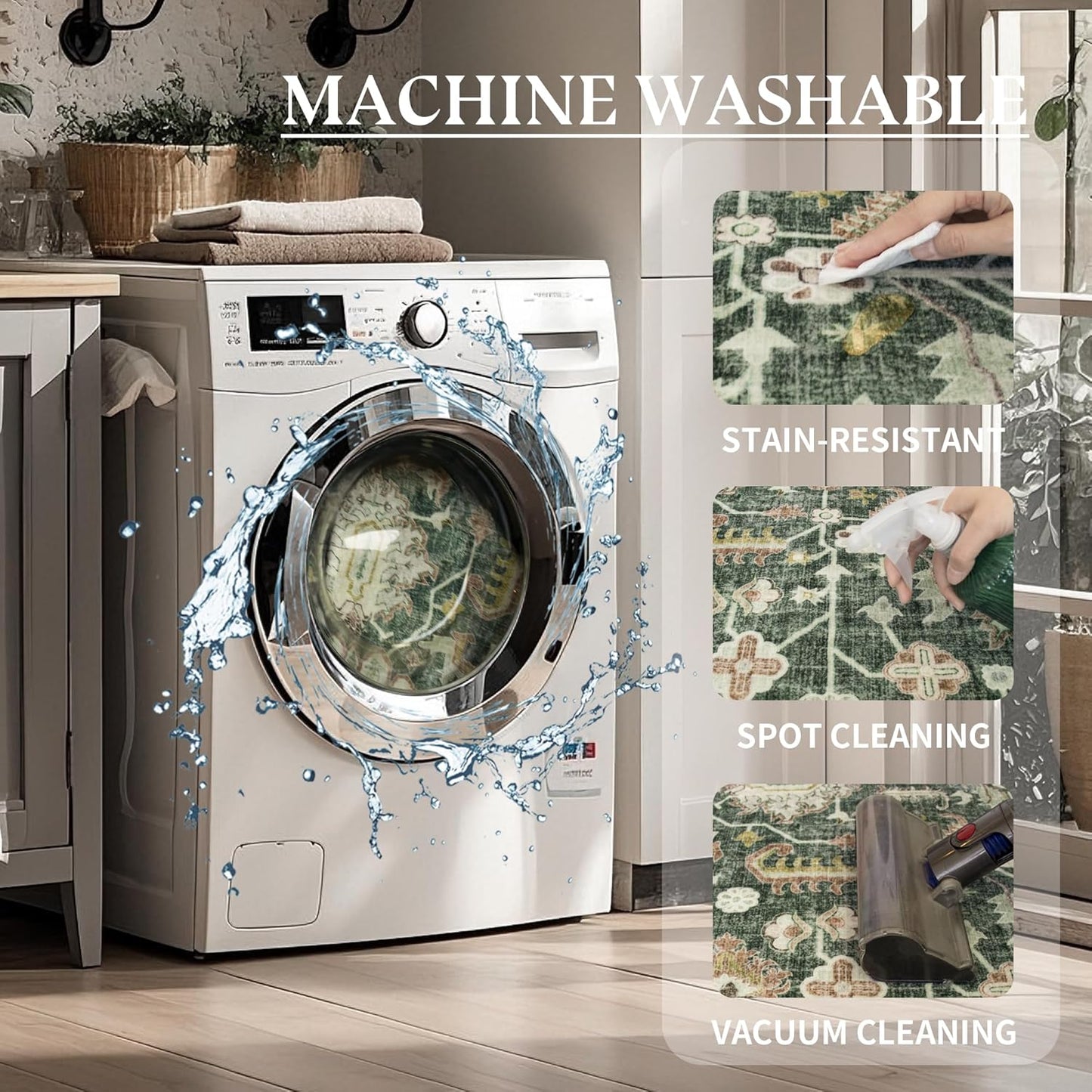 6x9 Area Rugs Washable: Oriental Soft Area Rug for Living Room Bedroom No Shedding - Low Pile Thin Carpet Rug for Dining Room Non Slip - Boho Vintage Rug for Home Decor - Retro Forest Green