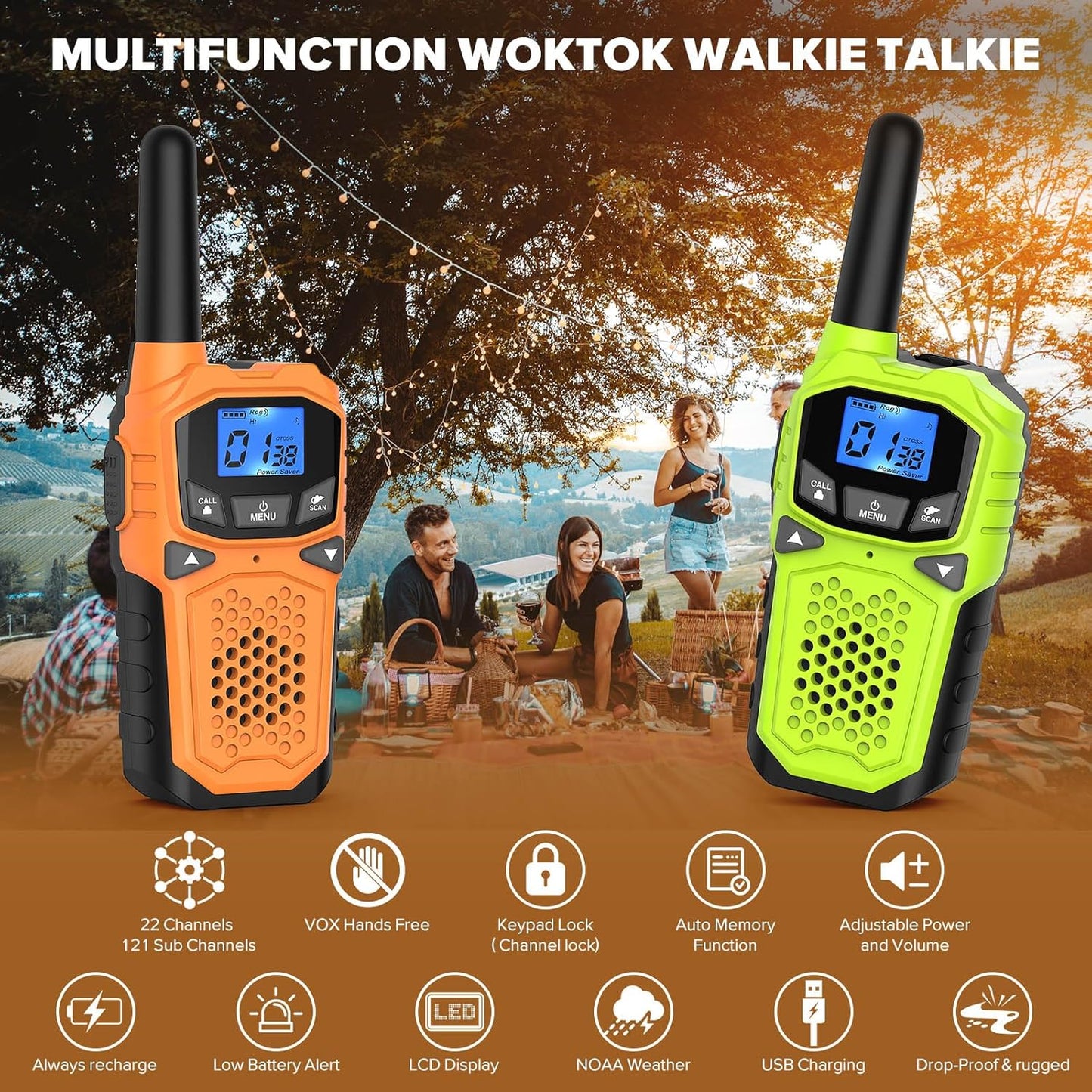 Walkie Talkies for Adults- WokTok Long Range Two Way Radio for Camping Hiking Hand Held Hiking Accessories Camping Gear Xmas Birthday Gift for Kids,SOS Siren,NOAA Weather Alert,4 Radios