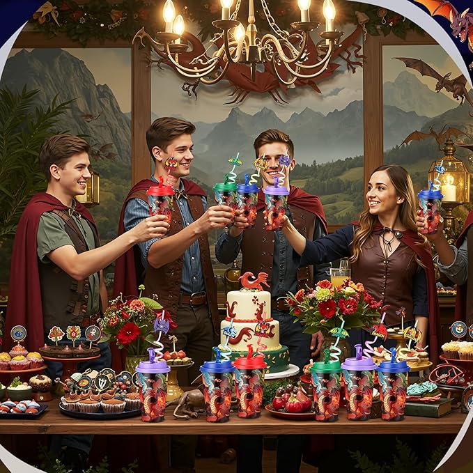 Yungyan 16 Sets Dragon Party Favors Goodie Cups with Lids and Straws for Birthday Decorations Reusable 16oz Plastic Candy Cups Plastic Straws for Birthday Party (Dragon)