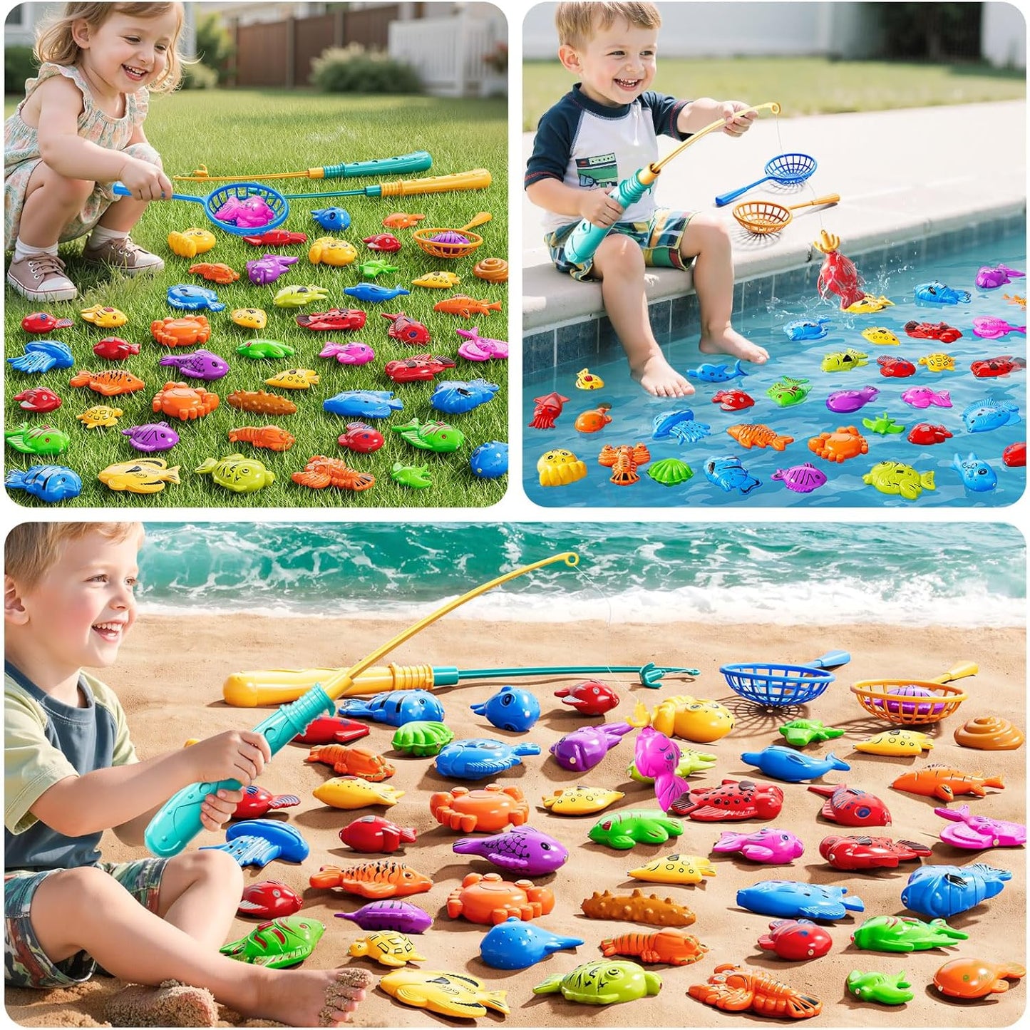 Magnet Fishing Toys Game for Kids 3-5 - Floating Fish Toys with Inflatable Kiddie Pool, Bath for Toddlers, Pole Rod Net, Outdoor Party for Boys Girls Kids Age 3 4 5 6 7 8 Year Old