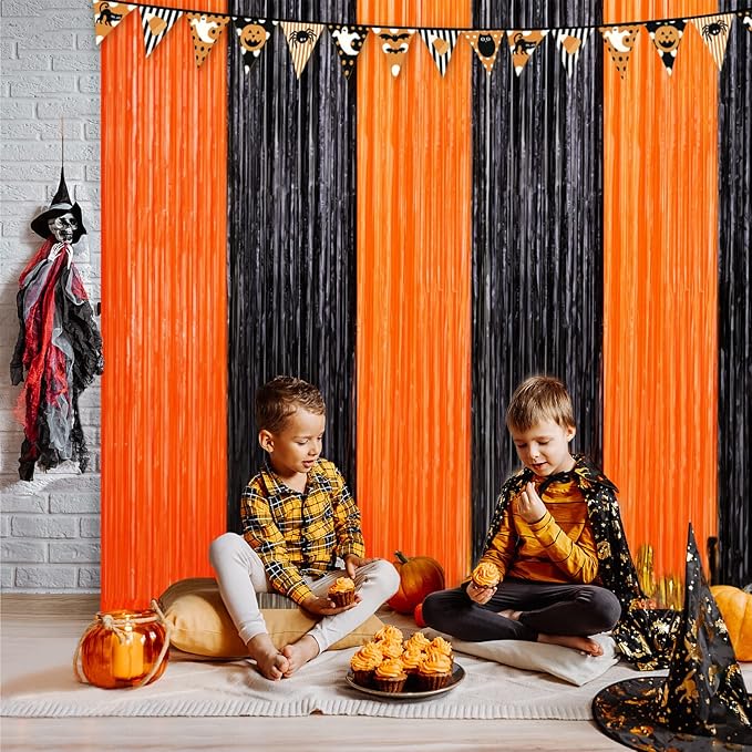 4 Pack Black and Orange Tinsel Foil Fringe Curtains, Halloween Party Photo Backdrop Streamers Backdrop for Birthday Anniversary Party Halloween Party Decoration