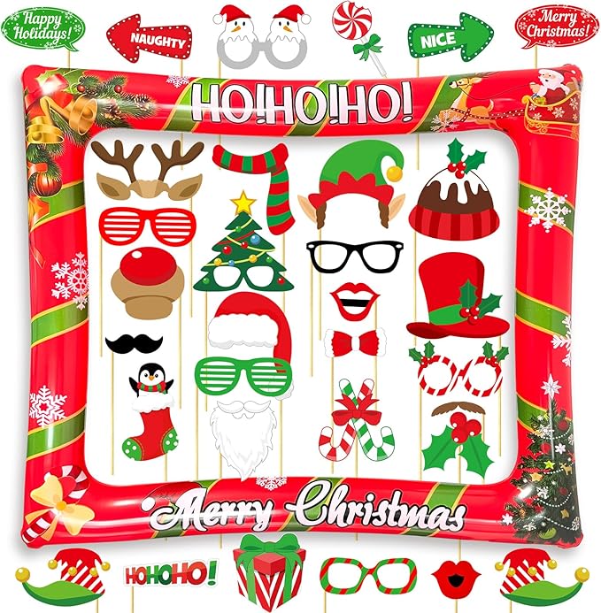 Christmas Photo Booth Props Inflatable Frame, 32Pcs Christmas Party Photo Booth Props with Inflatable Picture Frame Large for Xmas Holiday Party Selfie Supplies