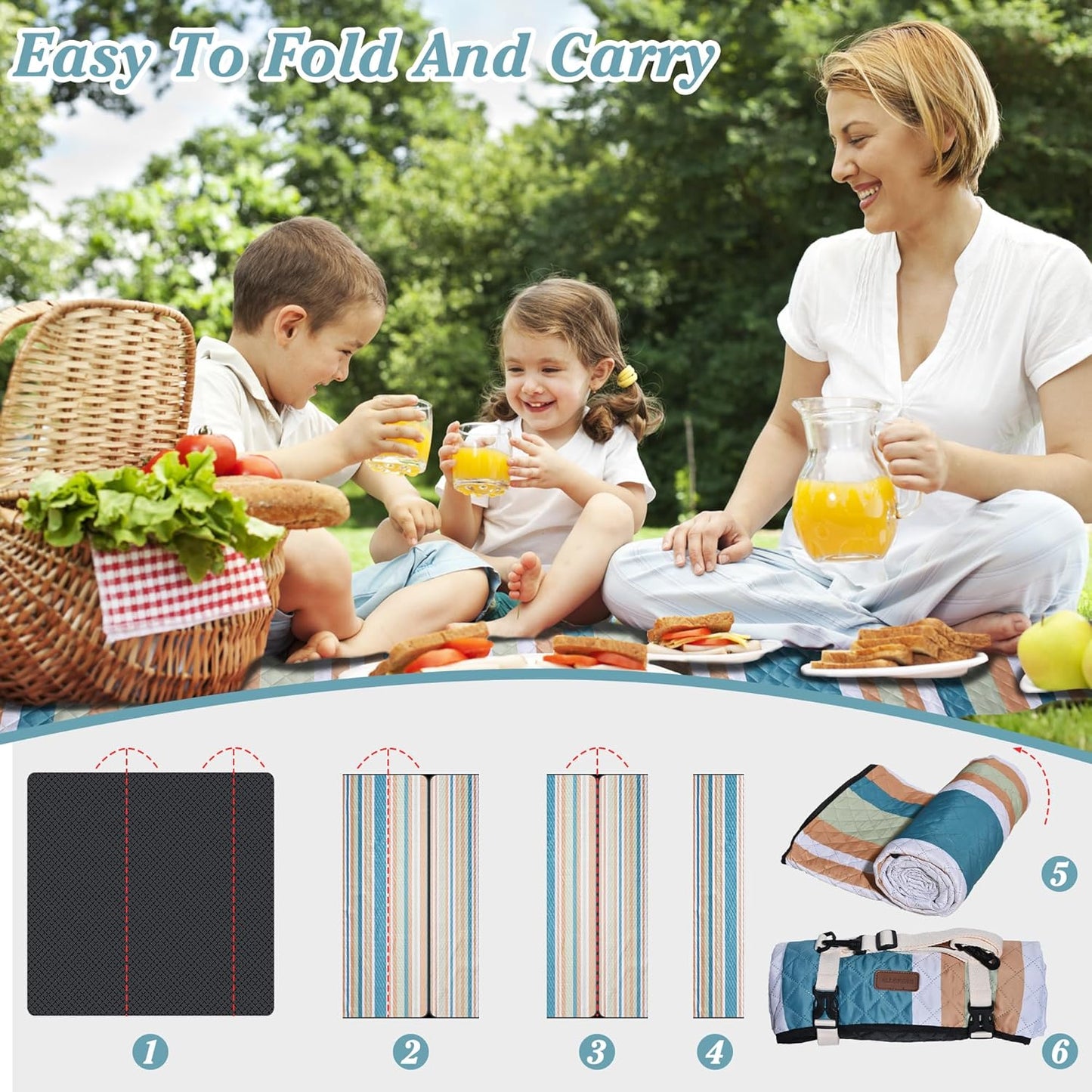 Waterproof Picnic Blanket 80" x 80" in Portable with Carry Strap for Beach Mat or Family Outdoor Camping Party, Park Blanket for Grass Park, Hiking, Travel, Concerts (Crystal Blue & Orange, 80" x 80")