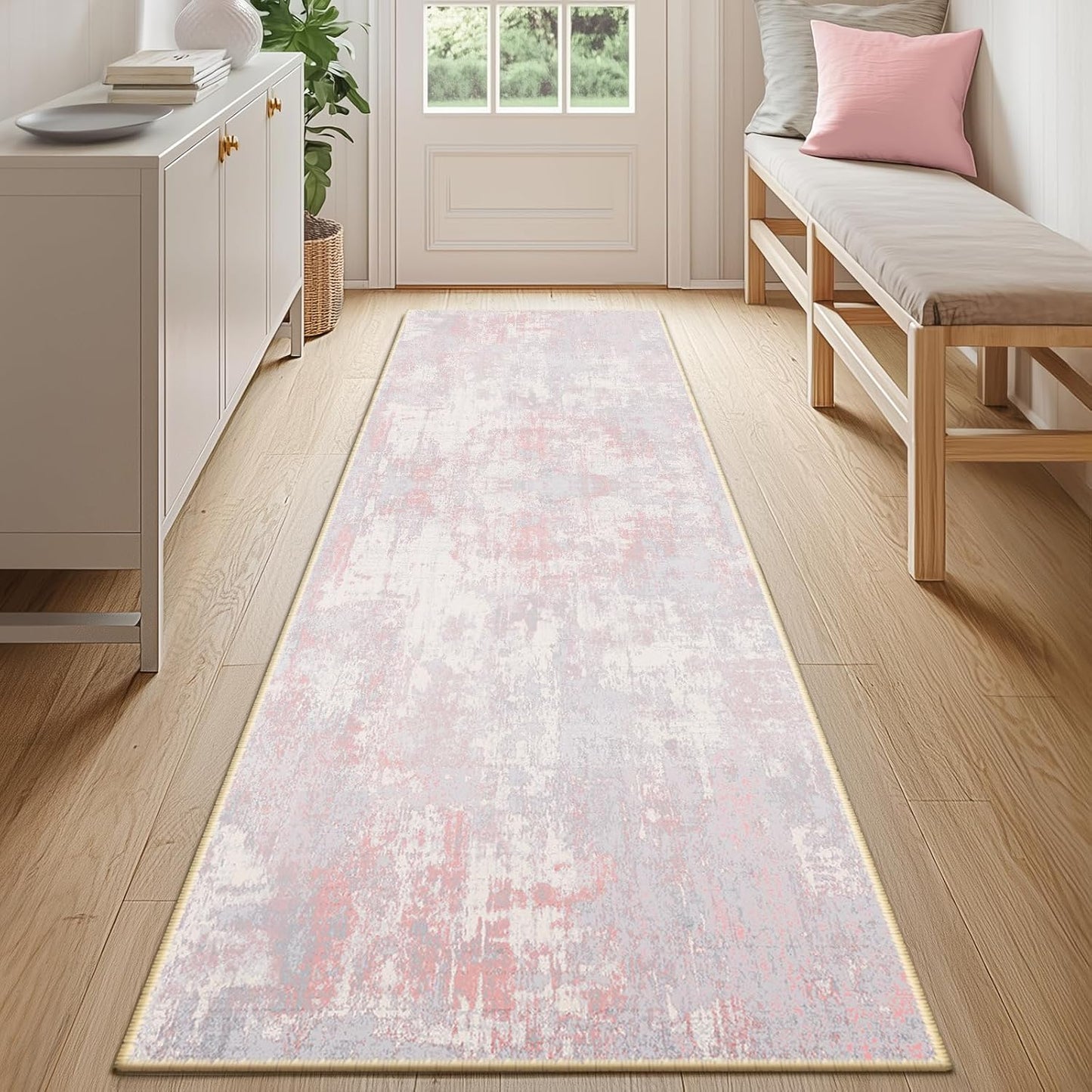 Washable Area Rugs 2'x6' Non-Slip Modern Abstract Soft for Living Room Entryway Bedroom Nursery, Print Pattern, Grey Pink