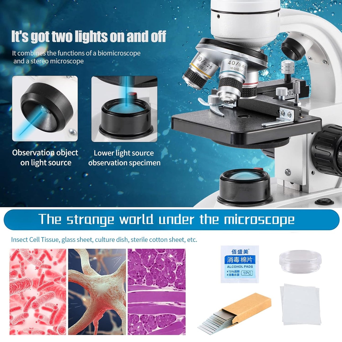 Compound Binocular Microscope, WF10x and WF25x Eyepieces,40X-2000X Magnification, LED Illumination Two-Layer Mechanical Stage…