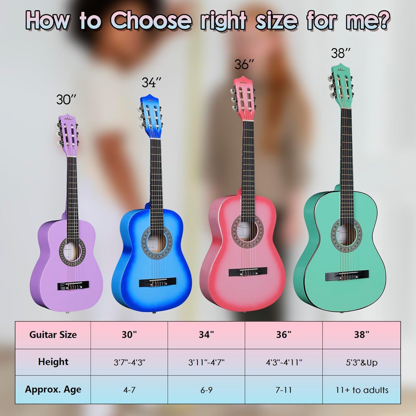 ADM Beginner Acoustic Classical Guitar 34 Inch Nylon Strings Wooden Guitar Bundle Kit for Kid Boy Girl Student Youth Guitarra Online Lessons with Gig Bag, Strap, Tuner, Strings, Picks, Blue