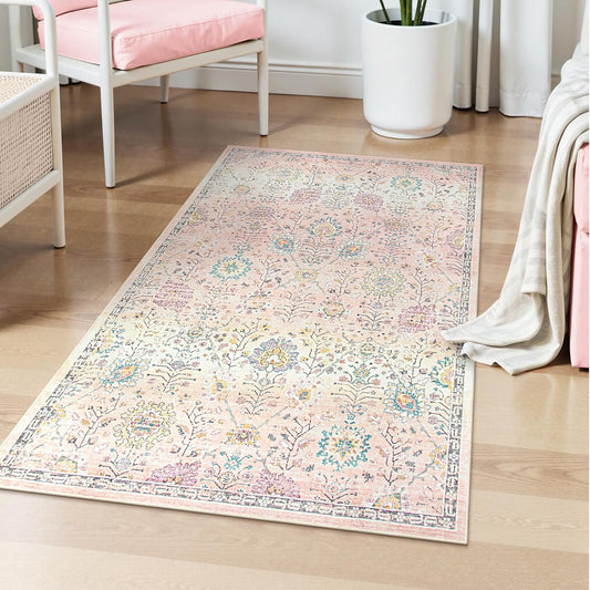Lahome Light Pink Boho Rug, 3x5 Machine Washable Area Rugs for Dorm Girls, Soft Floral Small Nursery Pastel Mat, Pink Carpet for Bedroom Kids Room