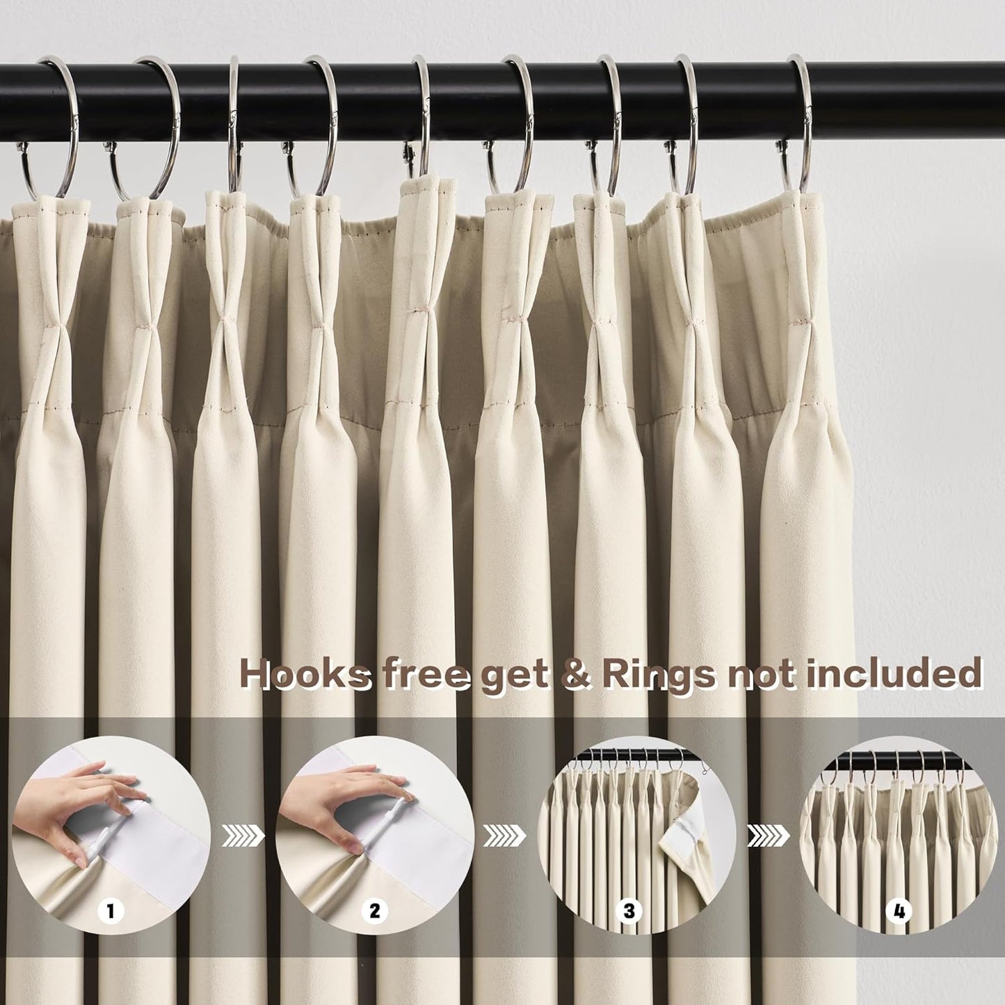 KEQIAOSUOCAI Cream Beige Blackout Pinch Pleated Curtains 95 Inches Long, Privacy Window Drapes for Living Room/Dining Room/Bedroom, 72 Inch Wide x 95 Inch Long, Pinch Pleat with Hooks, 2 Panels
