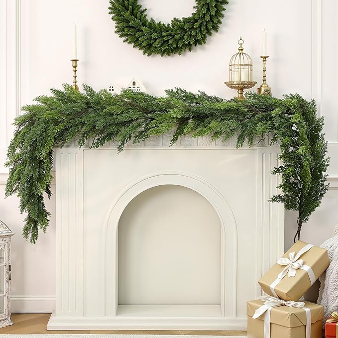 2PCS 6FT Artificial Christmas Garland, Real Touch Greenery Cypress Pine Garland for Mantle Table Railing Fireplace Indoor & Outdoor Christmas Decoration