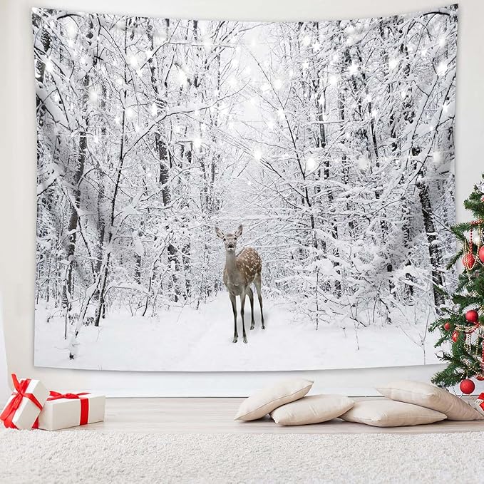 QGHOT Winter Tapestry Wall Hanging Snow Scene Backdrop Winter Wonderland Wall Decor Snowy Forest Wall Art Nature Woodland Deer Tapestry for Bedroom Room Dorm Party Decoration, Large