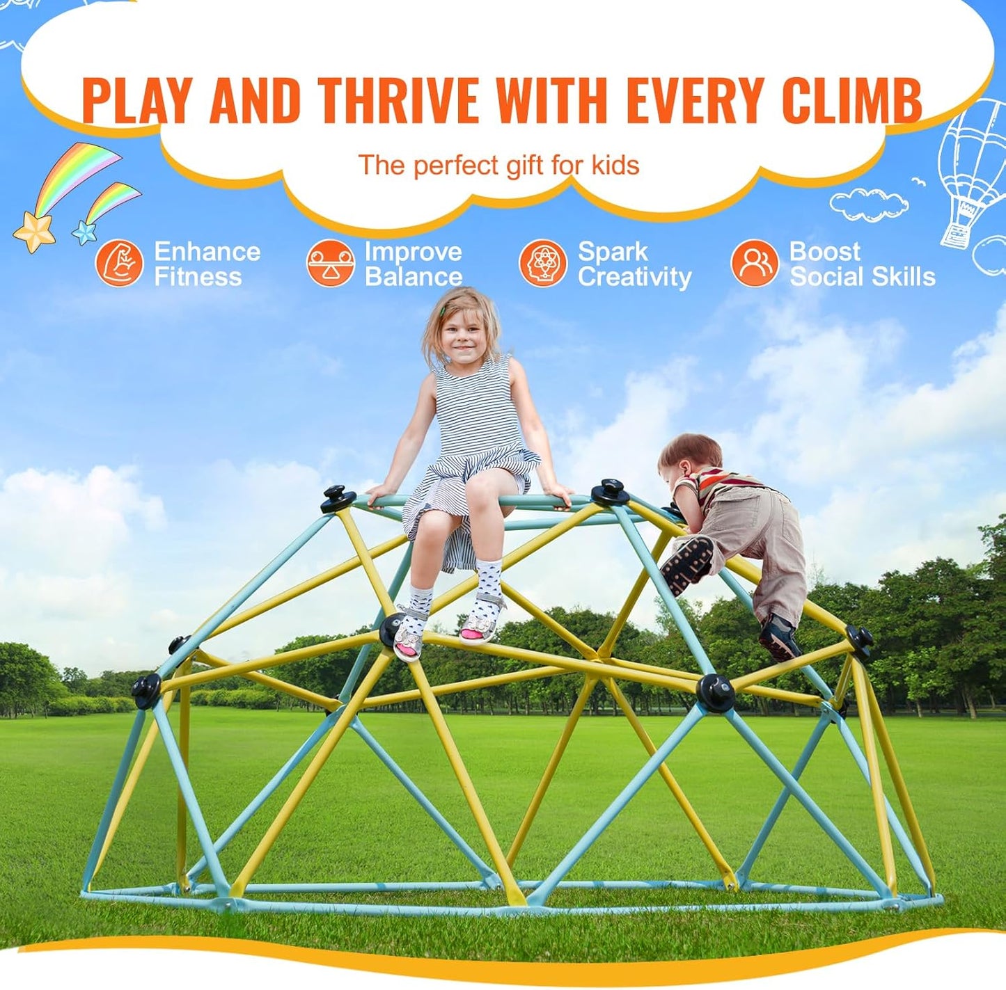 VEVOR Climbing Dome, 6FT Jungle Gym for Kids 3 to 9 Years Old, Geometric Dome Climber Play Center Supports 600LBS and Easy Assembly, with Climbing Grip, Outdoor and Indoor Play Equipment for Kids