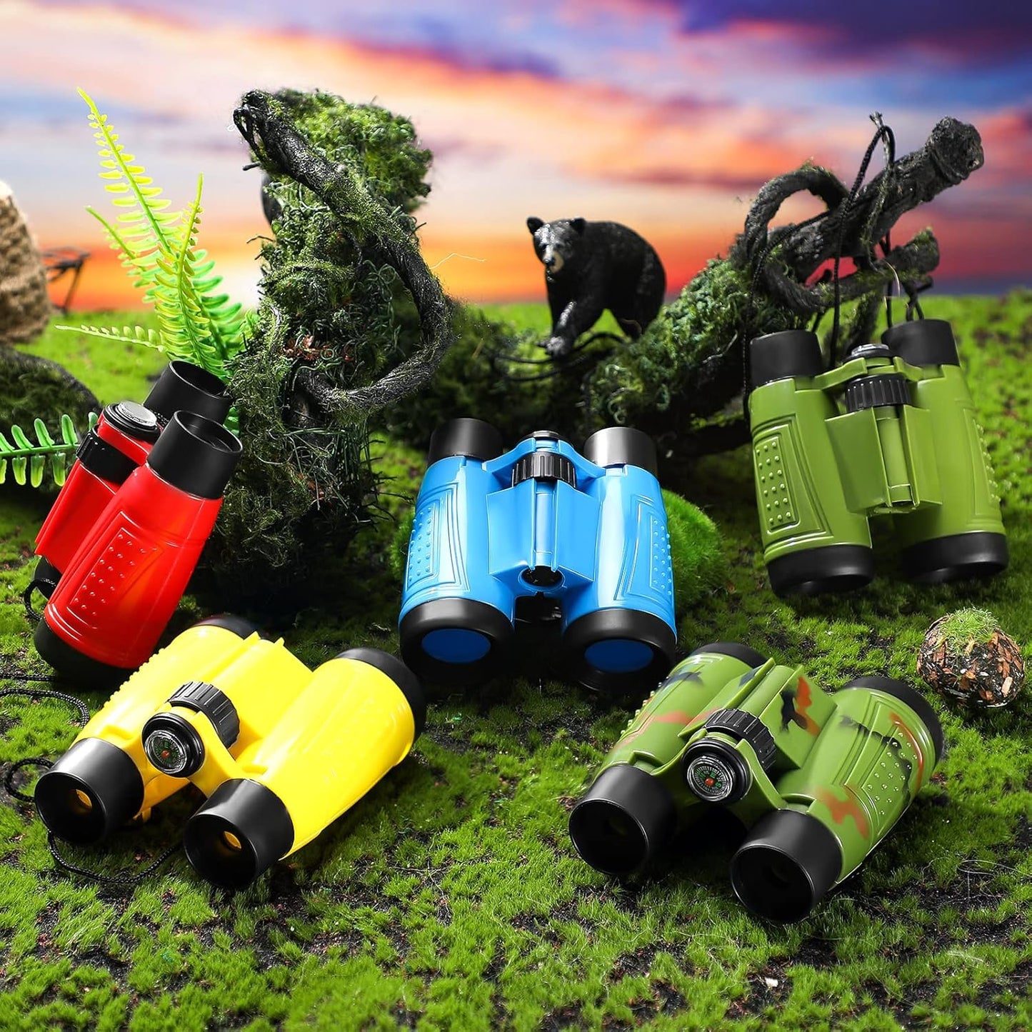 25 Pack Binoculars for Kids 6+ Years Old, with Compass and Neck String Toddler Toy Binoculars Gift Set for Camping Adventure, Party Favor, Red, Yellow, Camo, Green, Blue