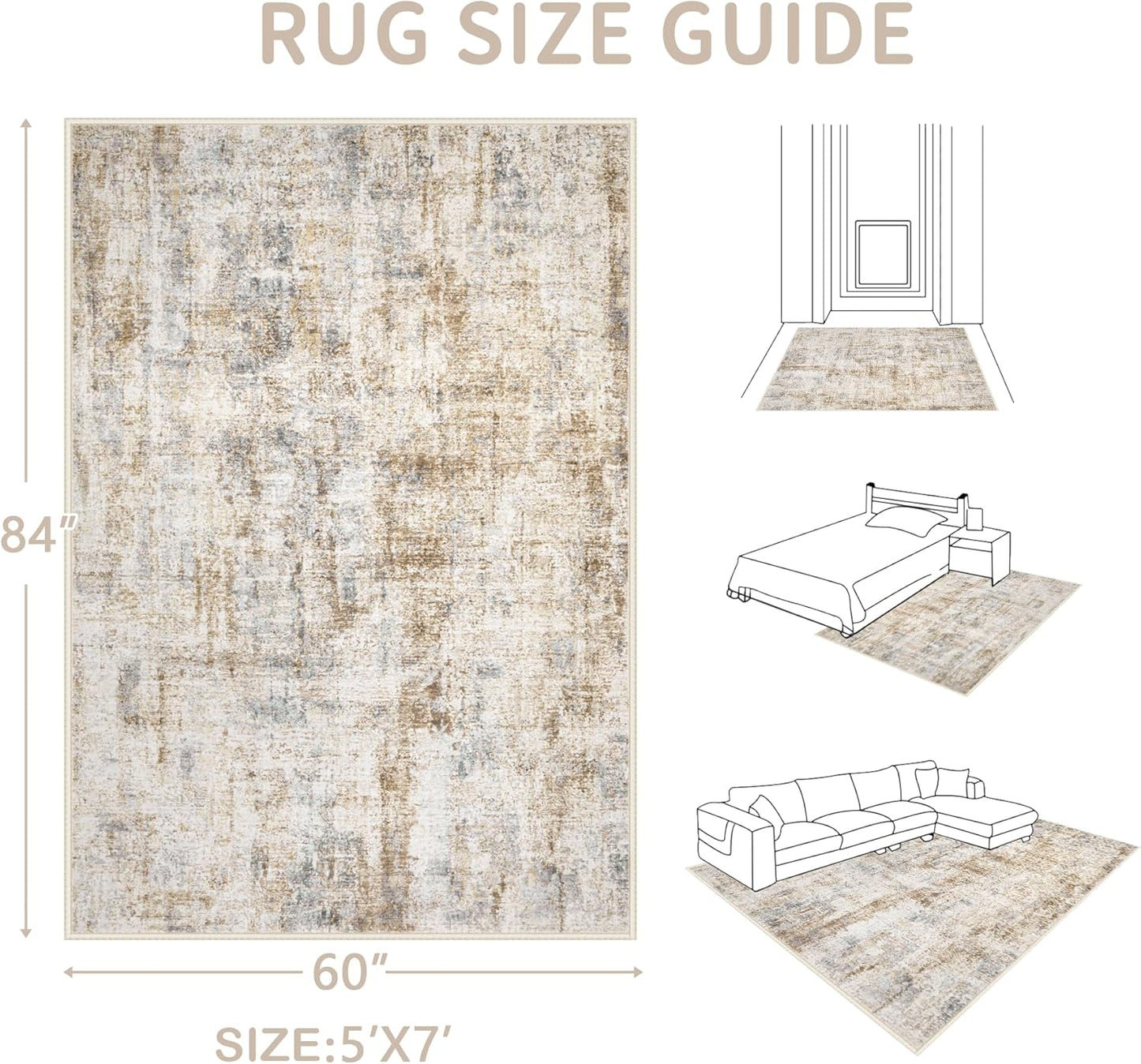 Area Rugs 5x7 Living Room: Washable Rug Modern Abstract Rugs Soft Non Slip Neutral Rug Stain Resistant Indoor Carpet for Bedroom Kitchen Dining Room Nursery Home Office Rugs(Blue Brown,5'x7')