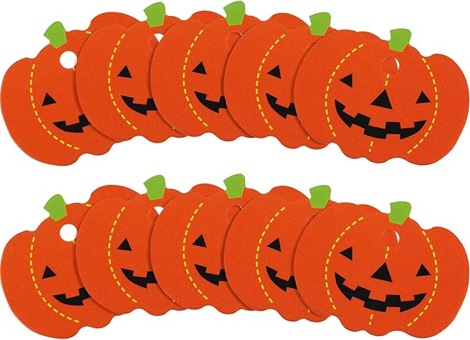 100 Pieces Halloween Pumpkin Gift Tags Paper Hanging Pumpkin Tags Pendants Christmas DIY Party Decorations with Pre Cut Holes, 1.8 x 1.4 Inches