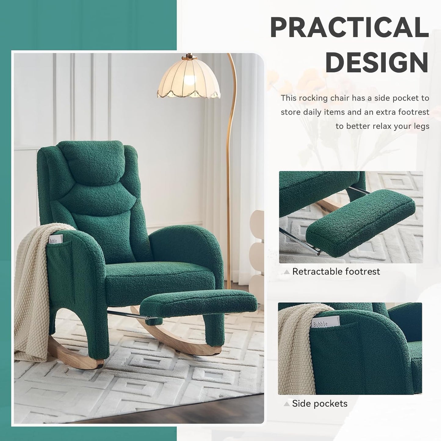 Rocking Chair Nursery, Modern Glider Chair with Adjustable Footrest and Solid Wood Legs, High Backrest Nursery Chair with Side Pocket, Rocker Armchair for Living Room Bedroom, Teddy Green