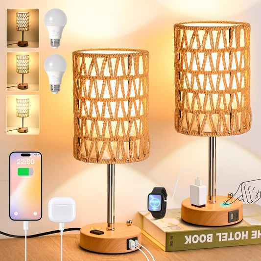 Rattan Table Lamps for Living Room, 3 Way Dimmable Touch Lamps, Small Bedside Lamps with LED Bulbs, Phone Stand, USB Ports and AC Outlet, Boho Nightstand Lamp for Bedroom Office (2 Pack Faux Wood)