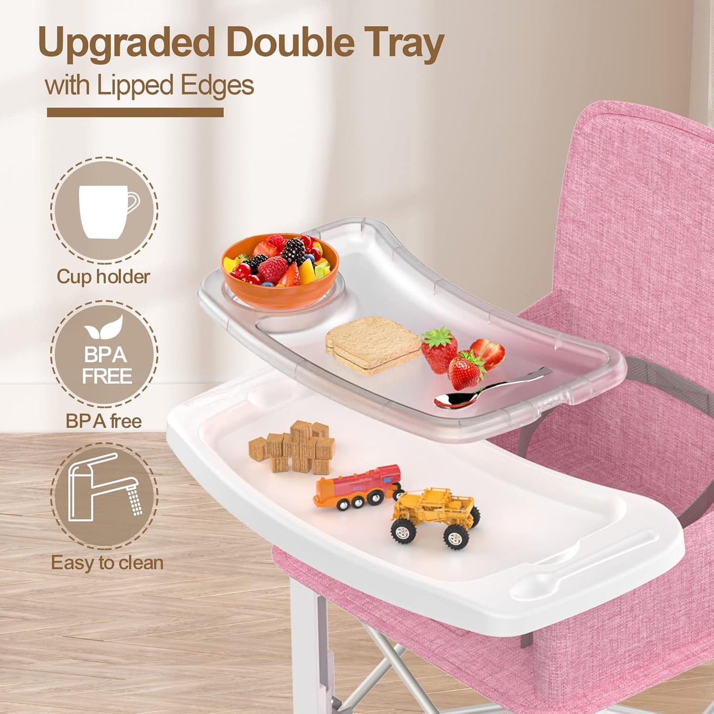 Baby Travel Booster Seat with Double Tray, BabyBond Upgraded Toddler Portable Baby Chair, Booster Seat for Dining Table, Stable and Foldable Booster Baby Chair for Indoor/Outdoor (Pink)