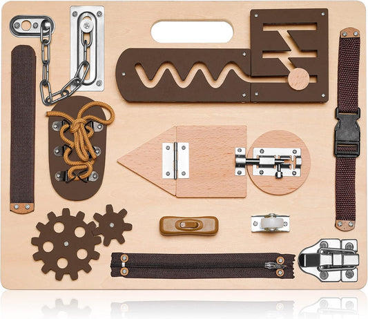 Montessori Busy Board for Toddlers, Wooden Sensory Toys, Preschool Learning Activities for Fine Motor Skills Travel Toy, Basic Life Skills Educational Gifts for 1, 2, 3 Years Old Kids Boys Girls