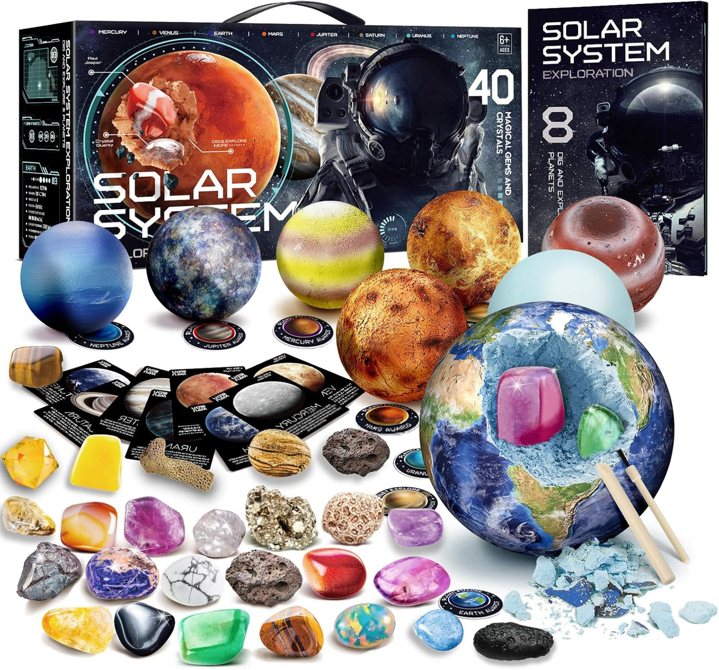 Gemstone Dig Kit - Dig It Up 40 Real Gems & Crystals with Mining Kit Tools, Solar System Eight Planets Toys for Kids Age 6+, STEM Science Educational Toys, Space Toys Ideal Gift for Boys Girls