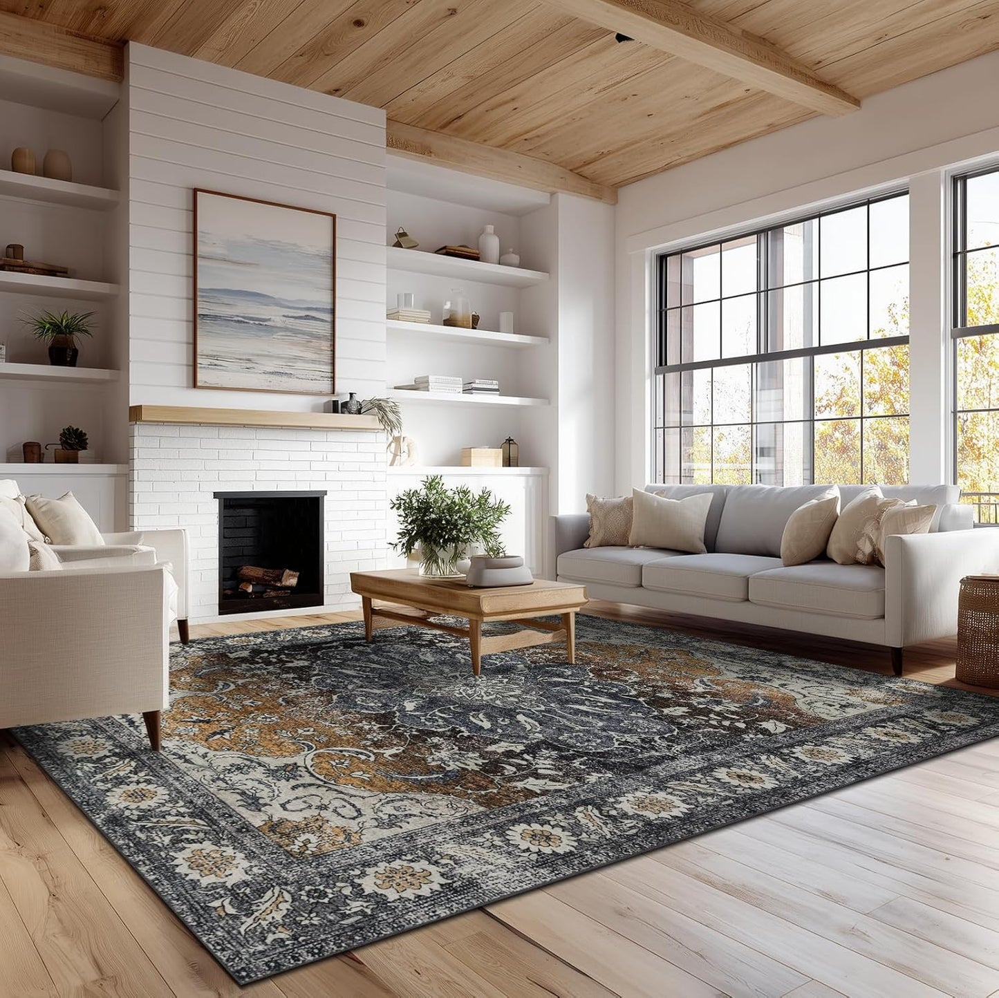 4x6 Washable Area Rug for Living Room, Carpet for Bedroom, Soft Faux Wool Retro Dining Room Rug, Non Slip&Non-Shedding Resistant Low Pile Vintage Print Rug for Home Office (Tan/Gray)