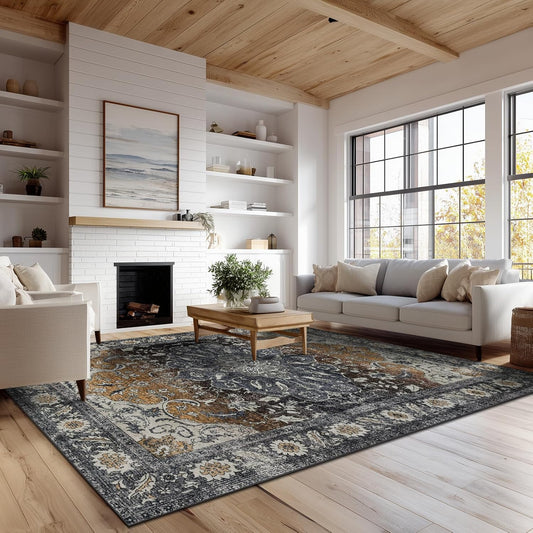 Washable 6x9 Area Rug for Living Room, Carpet for Bedroom Dining Room, Non Slip&Non-Shedding Resistant Low Pile Vintage Print Rug for Home Office (Tan/Gray)