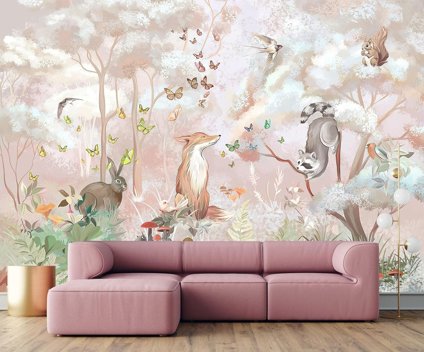 Kids Safari Wallpaper for Nursery, Woodland Fox Squirrel Rabbit Animals Wall Mural Pink Forest Wallpaper for Bedroom Living Room Children's Room(Not Self-Adhesive)