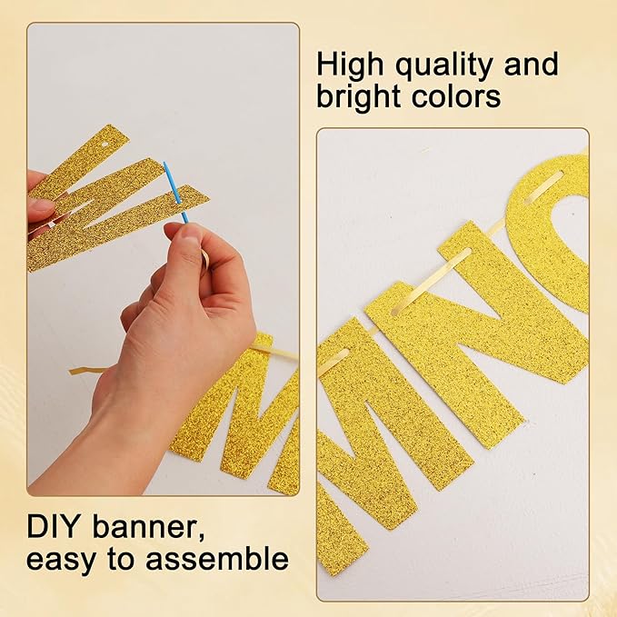 BEISHIDA 116 PCS A-Z Glitter Gold DIY Letter Banner Kit Make Your Own Banner，Including 111 Letters and Numbers 3 Rope and 2 Threading Device,Customized for Birthday Graduation Wedding Party Decor