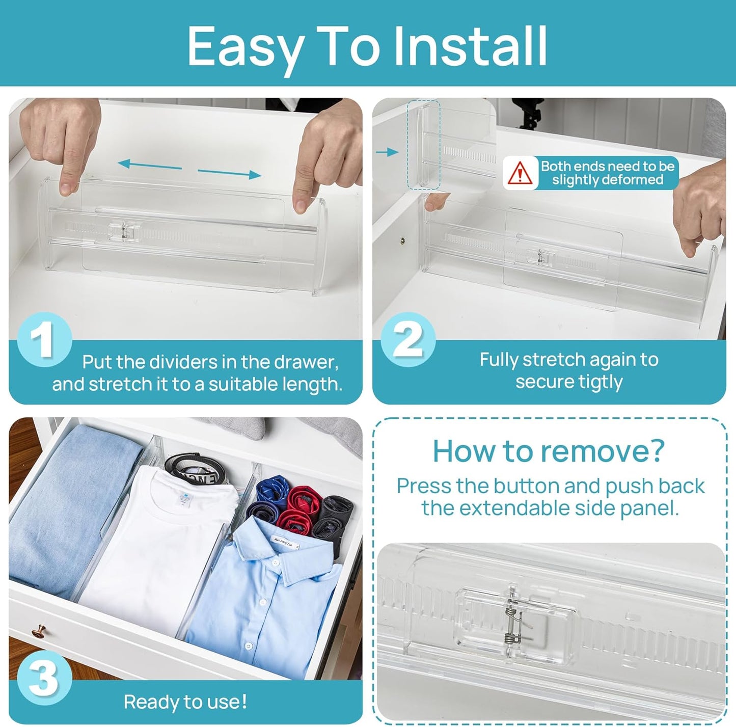 Vtopmart 18 Pack Drawer Dividers for Clothes, 4" High 10.2"-16.6" Adjustable Expandable Dresser Drawer Organizer, Clear Plastic Separators for Dresser, Baby Clothing, Underwear, Cosmetic, Toiletries