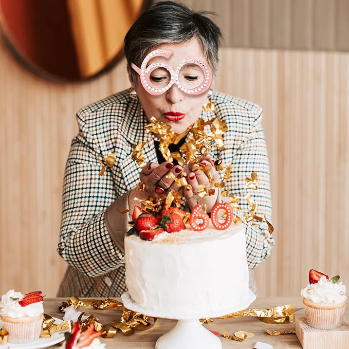 60th Birthday Glasses - 6 Pairs Rose Gold 60 Years Old Glasses with Rhinestones Frame, Funny Plastic Costume Photo Booth Props for 60th Anniversary Party Decorations