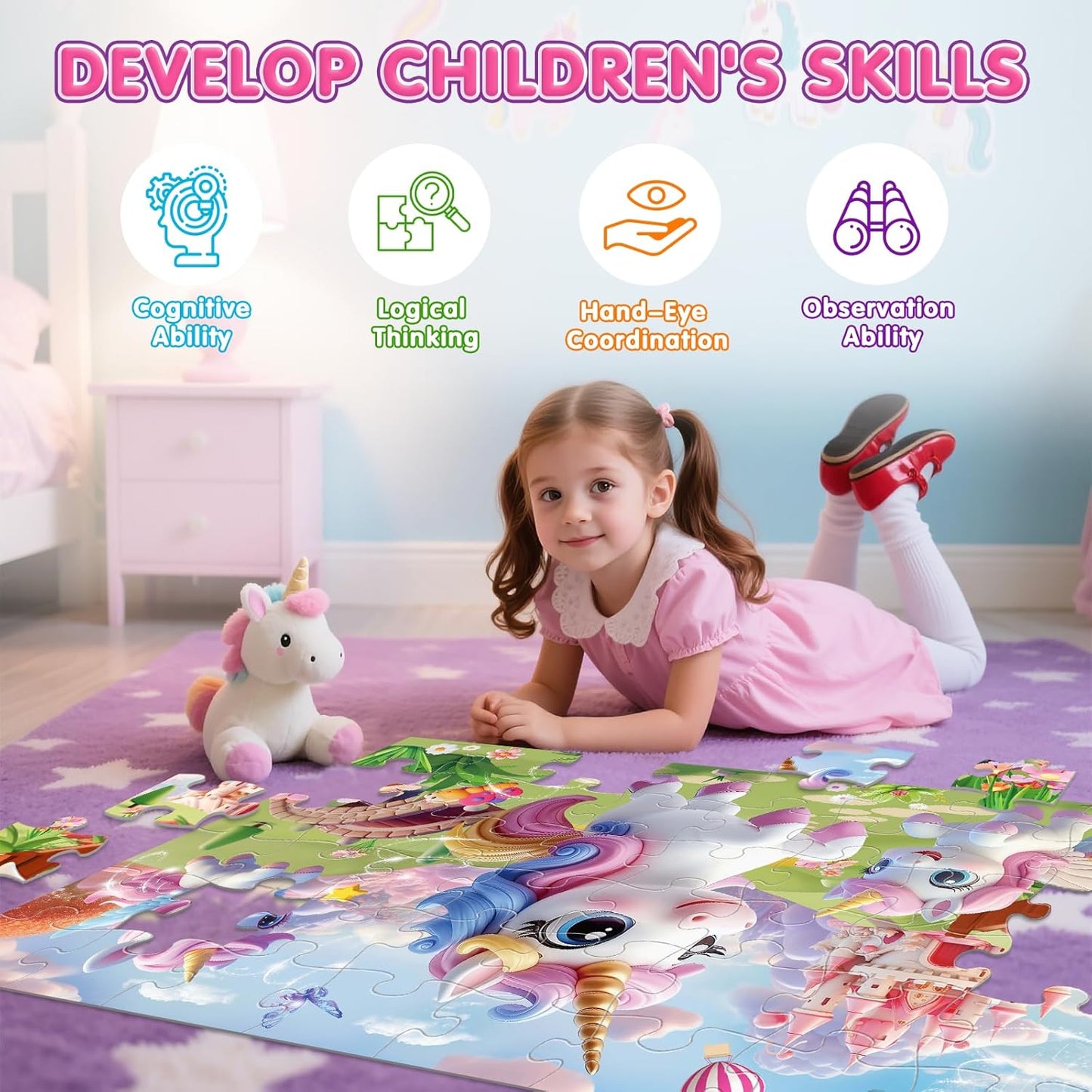 Jumbo Floor Puzzle for Kids,48 Piece Unicorn Large Jigsaw Puzzles,Puzzle for Toddler Ages 3-5,Fun Educational Preschool Learning Toy Gift for Boys & Girls Ages 4-8