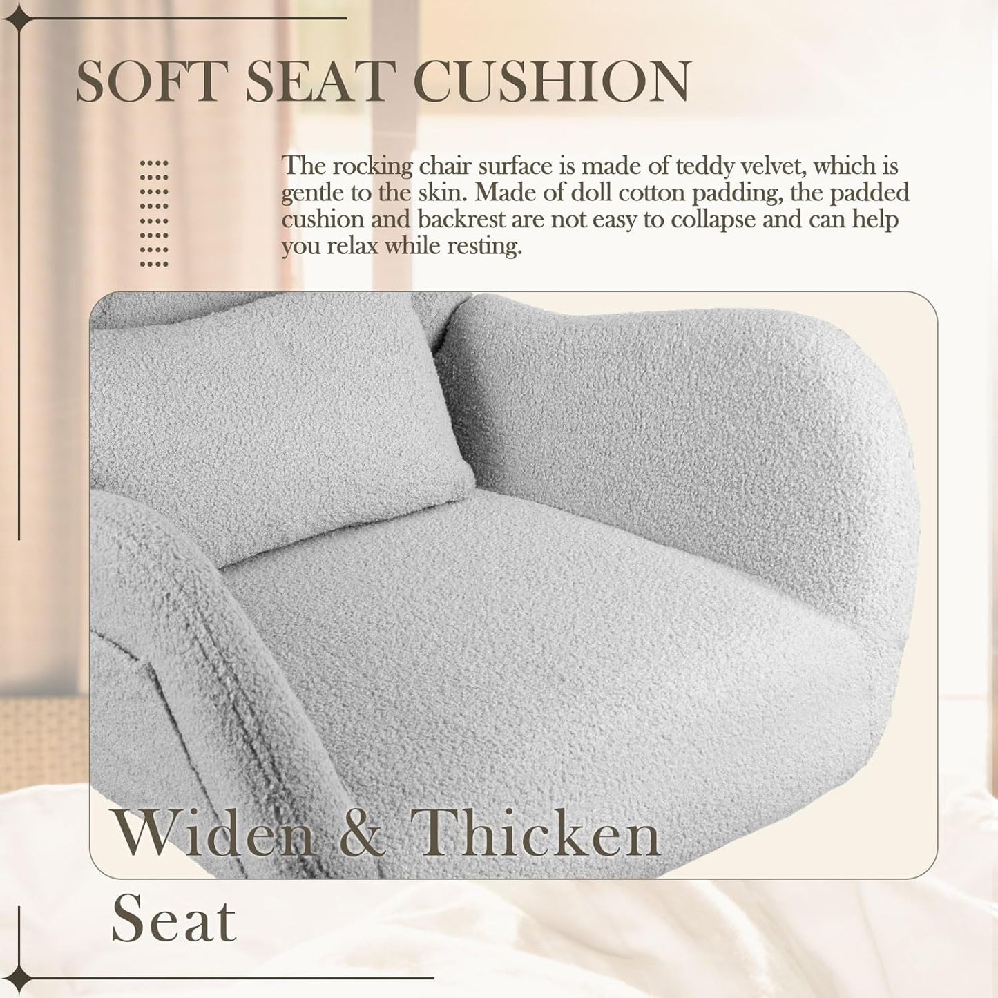 Waleaf Rocking Chair Nursery, Teddy Upholstered Rocking Chair Indoor with High Backrest Glider Accent Chair, Padded Seat Nursing Comfy Chair for Bedroom (Light Gray)