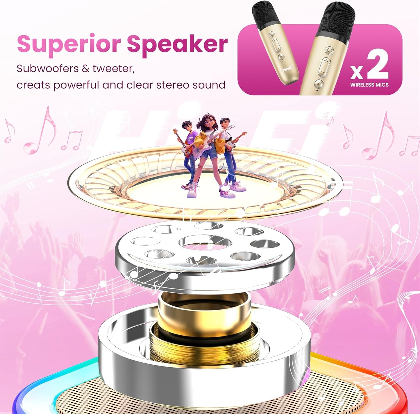 Karaoke Machine for Kids Adults, Portable Bluetooth Mini Karaoke Microphone Singing Speaker Karaoke Player with 2 Wireless Mic, for All Smartphones,Birthday, Family,Home Party (Gold)