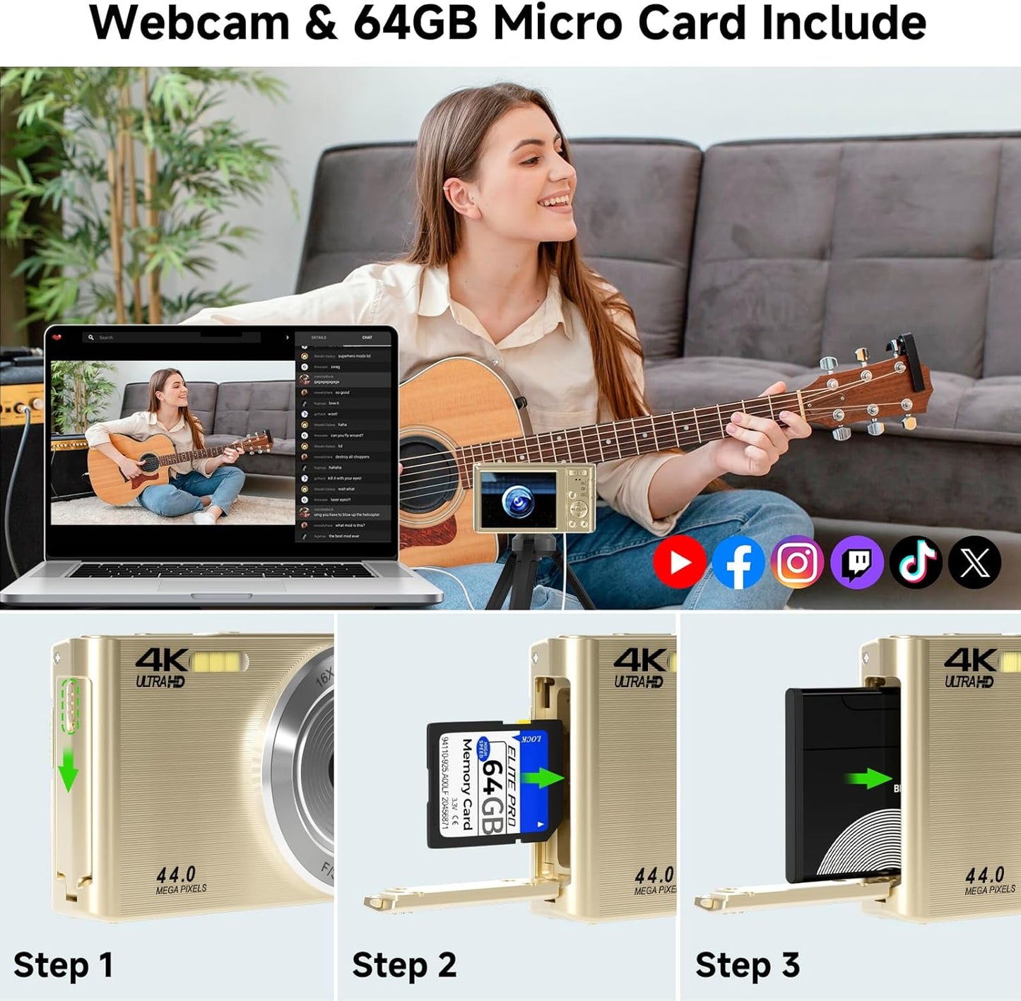 Digital Camera, FHD 4K Digital Camera with 64GB SD Card, 44MP Digital Point and Shoot Camera, 16X Digital Zoom, Anti Shake, 3-LED Fill Lights, Compact Camera for Kids Teen Boys Girls, Gold