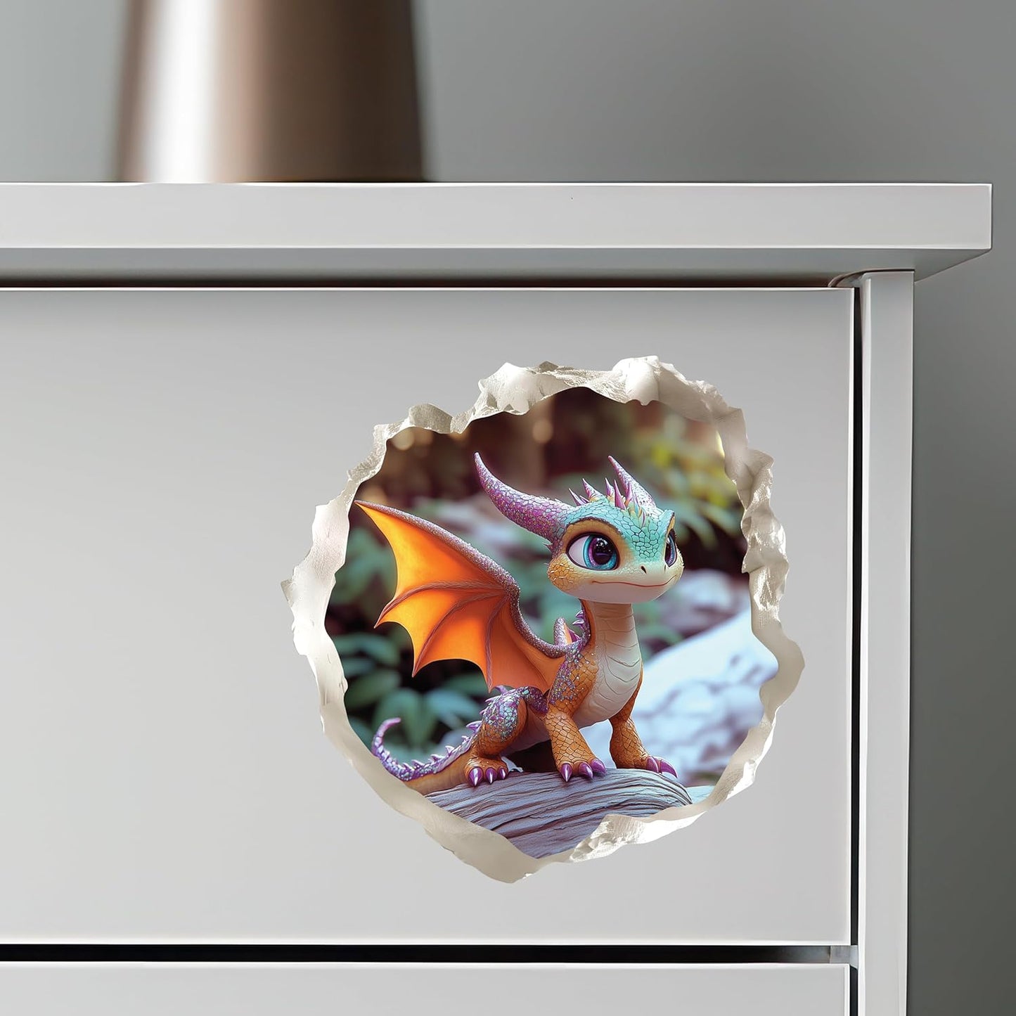 Baby Dragon 3D Wall Decal – Cute Fantasy Sticker with Torn Wall Effect – 4.7W x 4.5H inches