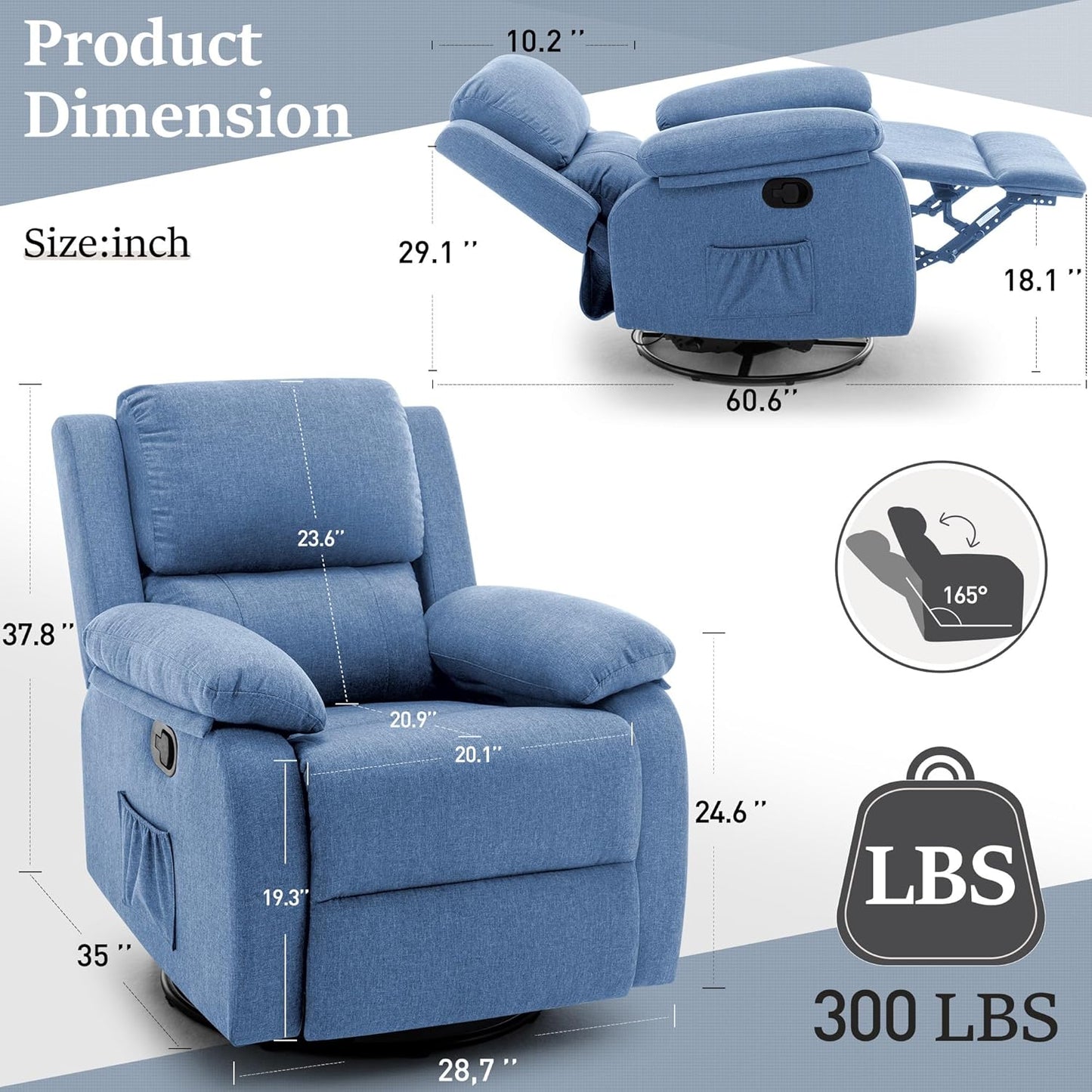 Recliner Chair, 360 Swivel Rocker Chair for Adults, Small Rocking Recliner Chair for Small Spaces, Upholstered Fabric Glider Recliner Nursery Chair with Side Pockets for Living Room, Nursery