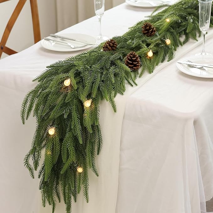 9FT Christmas Norfolk Pine Garland -1PCS, Artificial Pine Needles Garlands Faux Greenery Fake Garland for Holiday Fireplace,Table,Window,Stairs,Mante,Indoor Outdoor Decor