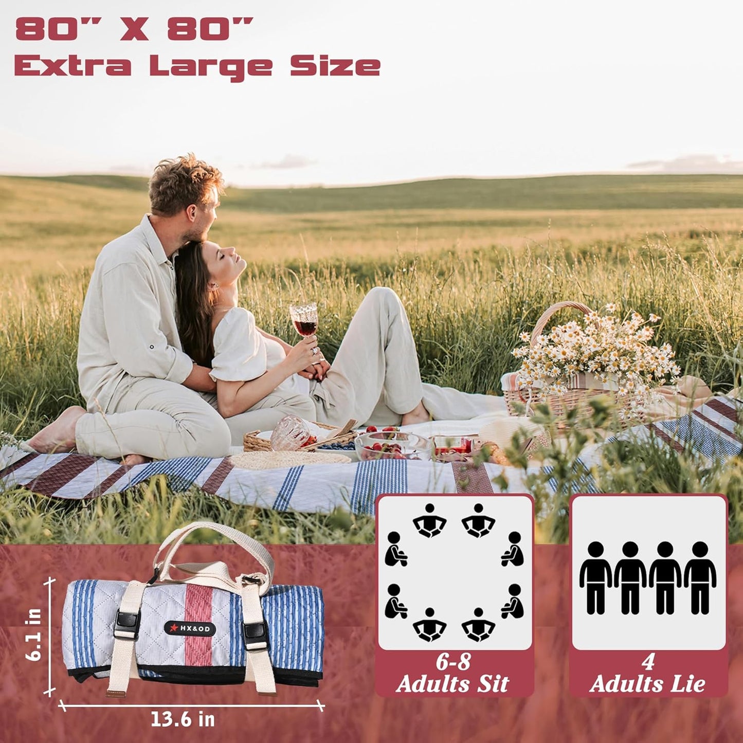 Waterproof Picnic Mat, Outdoor Camping Oversized Field Blanket. Portable Thickened Camping Blanket, Suitable for Beach, Camping, Music Festival, Party, Outdoor Adventure. (Red&Blue&White, 80”x80”)