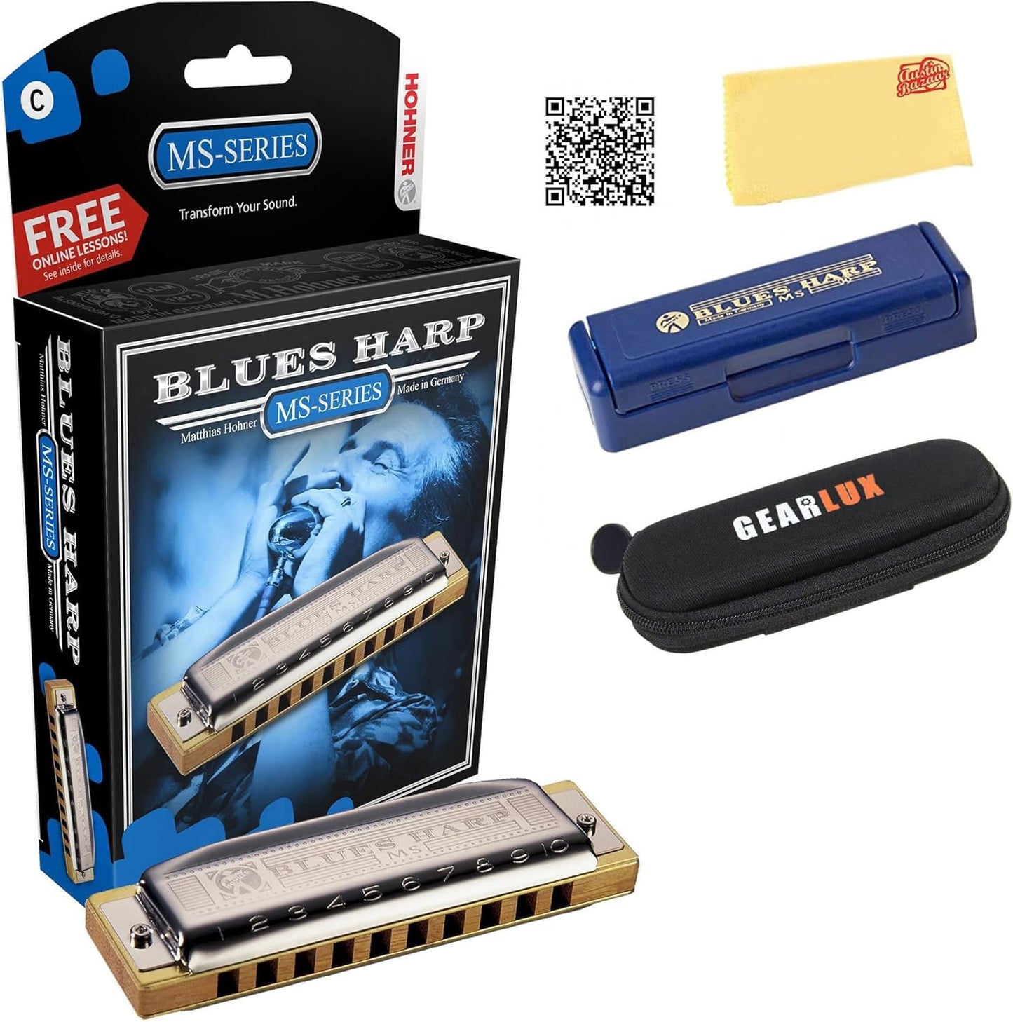 Hohner Harmonica 532 Blues Harp MS - Key of E Bundle with Case, Pouch, Harmonica Beginner Online Manual, and Austin Bazaar Polishing Cloth