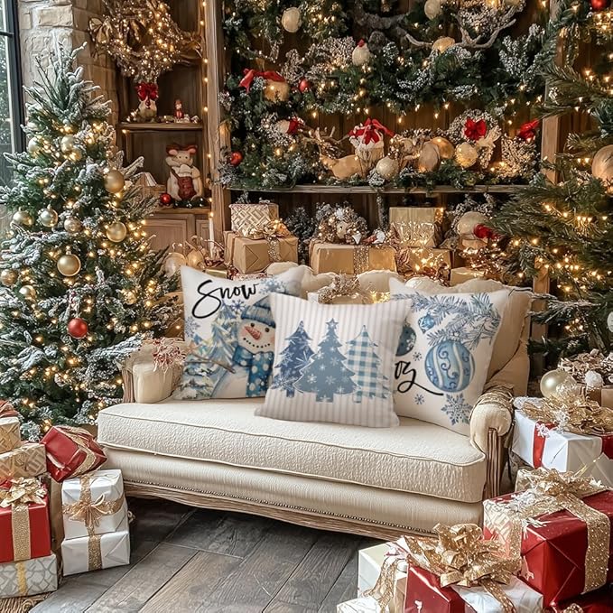 GEEORY Winter Christmas Throw Pillow Covers 18 x 18 Inch Set of 4, Xmas Trees Snowflake Snowman Joy Plaid Holiday Farmhouse Decorative Cushion Cases for Home Decoration G582-18