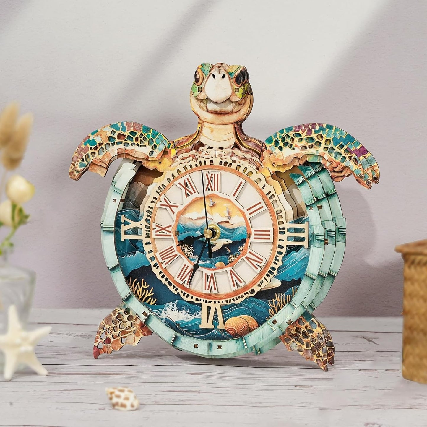 3D Puzzles for Adults Clock-Turtle Design Model Kit-Mechanical DIY Pendulum Clock with Roman Numerals-Desk Home Office Decor Personalized Gift for DIY Lovers