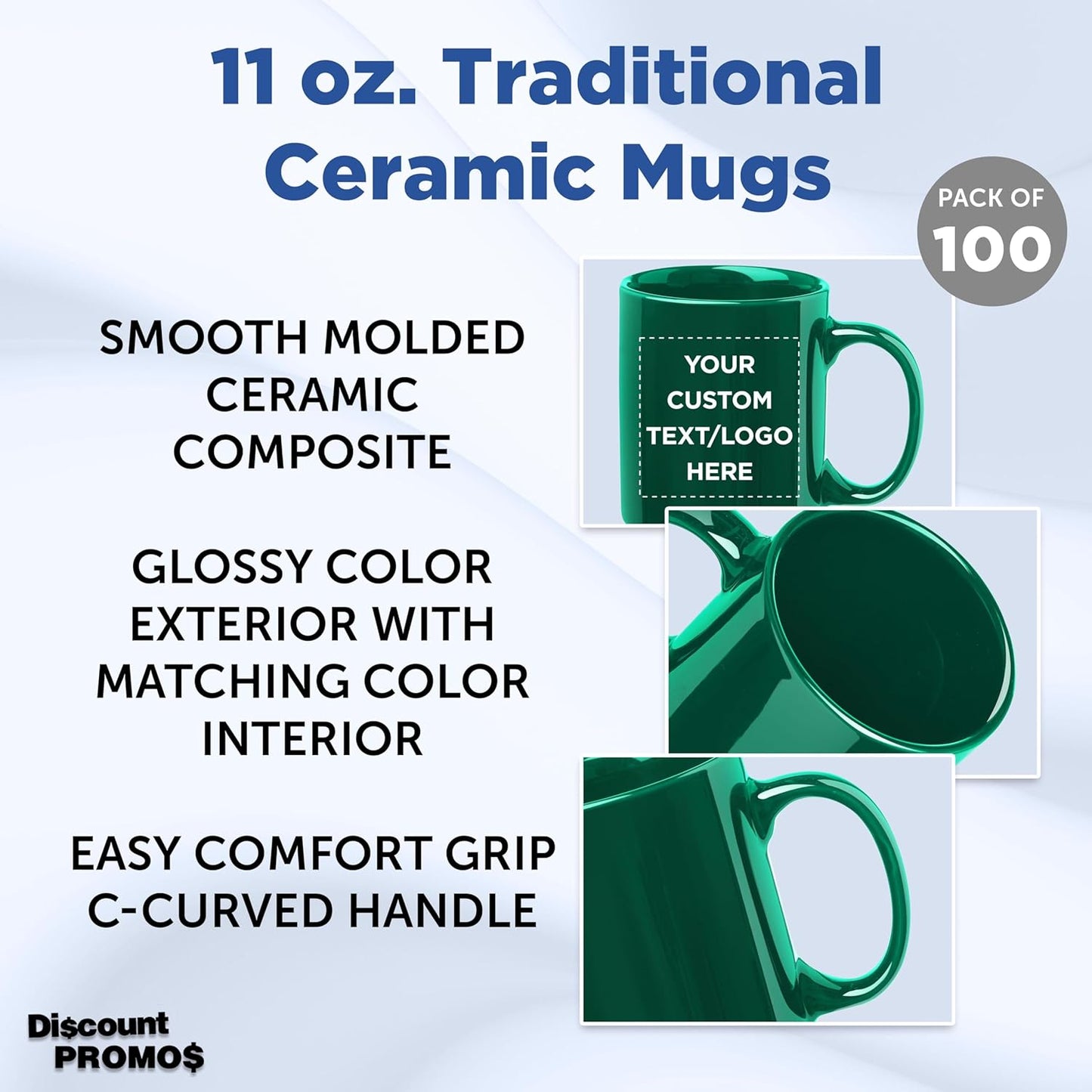 Custom Ceramic Coffee Mugs 11 oz. Set of 100, Personalized Bulk Pack - Coffee cup set, Iced coffee cup, Gaming mug - Green