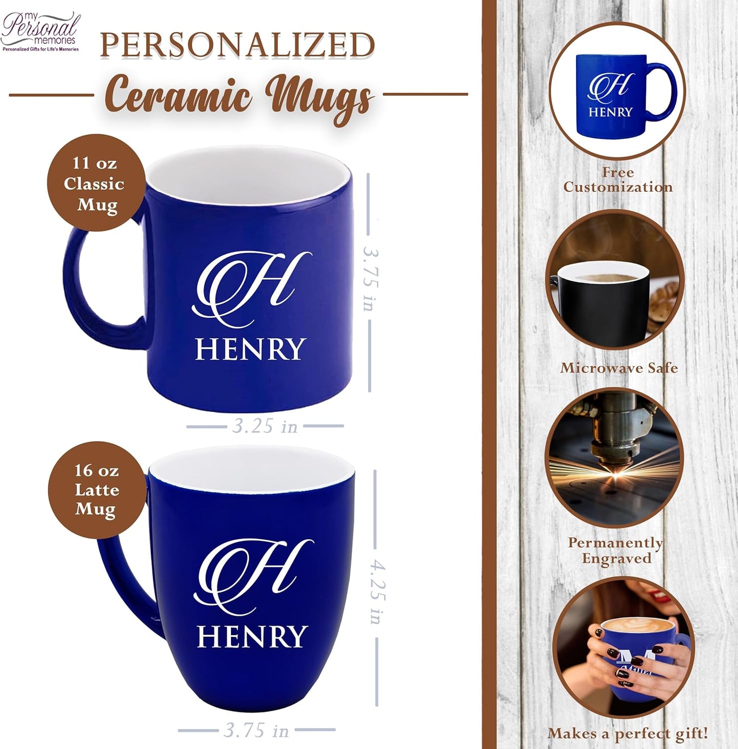 My Personal Memories Custom Monogrammed Coffee Latte Mug and Tea Cup - Personalized and Engraved (Blue)