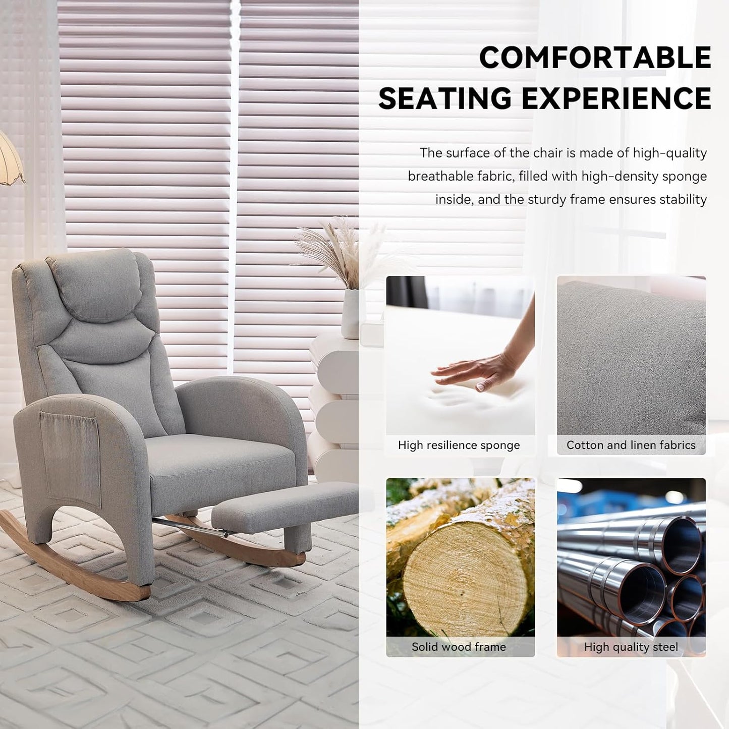 Rocking Chair Nursery, Modern Glider Chair with Adjustable Footrest and Solid Wood Legs, High Backrest Nursery Chair with Side Pocket, Rocker Armchair for Living Room Bedroom, Cotton Linen Light Gray