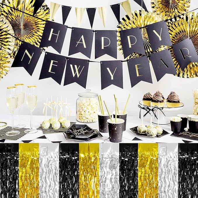 4P Wavy Metallic Tinsel Foil Fringe Table Skirts for Rectangle Tables Backdrop Garland Curtains for Parade Floats Wedding Birthday Parties Decoration Graduation 2025 Christmas (Black Gold Silver)