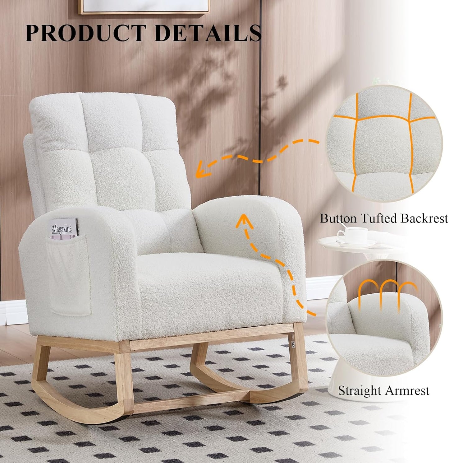 NIOIIKIT Nursery Rocking Chair, Teddy Upholstered Glider Chair with Side Pocket, Glider Rocker Chair with Tufted Back, Comfy Accent Nursing Chair for Living Room (White Retro)